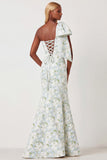 Blue White Flower Mermaid One Shoulder Print Long Bridesmaid Dress with Bow