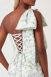 Blue White Flower Mermaid One Shoulder Print Long Bridesmaid Dress with Bow