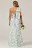 Blue White Flower Mermaid One Shoulder Print Long Bridesmaid Dress with Bow