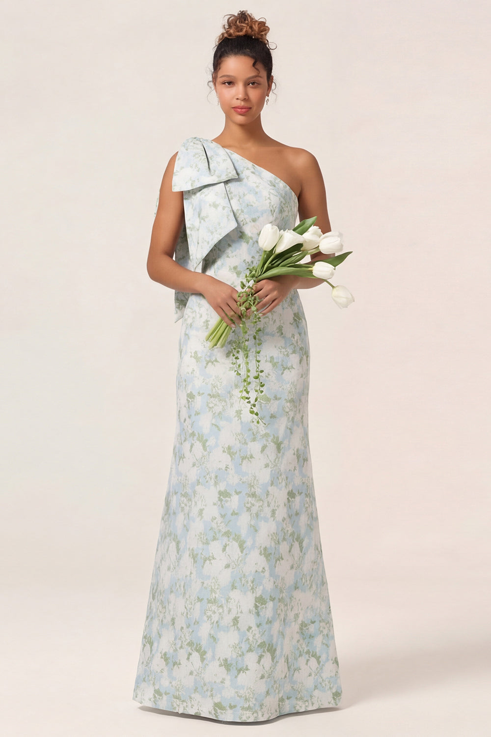 WEDTREND Women Blue White Flower Long Bridesmaid Dress with Bow Mermaid One Shoulder Print Wedding Guest Dress WEDTREND Women Blue White Flower Long Bridesmaid Dress with Bow Mermaid One Shoulder Print Wedding Guest Dress