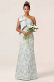 Blue White Flower Mermaid One Shoulder Print Long Bridesmaid Dress with Bow