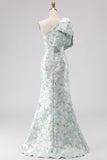 Blue White Flower Mermaid One Shoulder Print Long Bridesmaid Dress with Bow