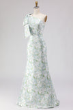 Blue White Flower Mermaid One Shoulder Print Long Bridesmaid Dress with Large Bow