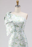 Blue White Flower Mermaid One Shoulder Print Long Bridesmaid Dress with Large Bow