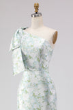 Blue White Flower Mermaid One Shoulder Print Long Bridesmaid Dress with Large Bow