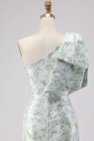 Blue White Flower Mermaid One Shoulder Print Long Bridesmaid Dress with Large Bow
