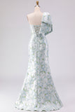 Blue White Flower Mermaid One Shoulder Print Long Bridesmaid Dress with Bow