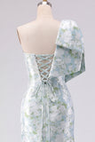 Blue White Flower Mermaid One Shoulder Print Long Bridesmaid Dress with Bow