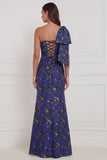 Blue White Flower Mermaid One Shoulder Print Long Bridesmaid Dress with Bow