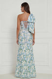 Blue White Flower Mermaid One Shoulder Print Long Bridesmaid Dress with Bow