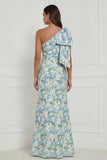 Blue White Flower Mermaid One Shoulder Print Long Bridesmaid Dress with Bow