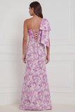 Blue White Flower Mermaid One Shoulder Print Long Bridesmaid Dress with Bow
