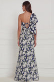 Blue White Flower Mermaid One Shoulder Print Long Bridesmaid Dress with Bow