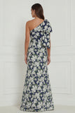 Blue White Flower Mermaid One Shoulder Print Long Bridesmaid Dress with Bow