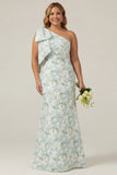 One Shoulder Blue White Flower Print Mermaid Plus Size Bridesmaid Dress with Bow