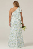One Shoulder Blue White Flower Print Mermaid Plus Size Bridesmaid Dress with Bow