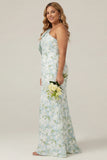 One Shoulder Blue White Flower Print Mermaid Plus Size Bridesmaid Dress with Bow