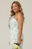 One Shoulder Blue White Flower Print Mermaid Plus Size Bridesmaid Dress with Bow