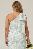 One Shoulder Blue White Flower Print Mermaid Plus Size Bridesmaid Dress with Bow