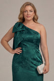 One Shoulder Blue White Flower Print Mermaid Plus Size Bridesmaid Dress with Bow