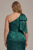 One Shoulder Blue White Flower Print Mermaid Plus Size Bridesmaid Dress with Bow