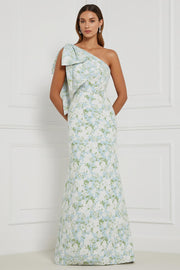 Blue White Flower Mermaid One Shoulder Print Long Bridesmaid Dress with Bow
