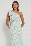 Blue White Flower Mermaid One Shoulder Print Long Bridesmaid Dress with Bow
