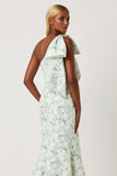 Blue White Flower Mermaid One Shoulder Print Long Bridesmaid Dress with Bow