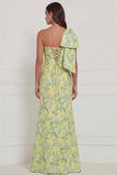 Blue White Flower Mermaid One Shoulder Print Long Bridesmaid Dress with Bow