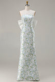 Blue White Flower Strapless Sheath Satin Long Bridesmaid Dress with Back Bow