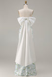 Blue White Flower Strapless Sheath Satin Long Bridesmaid Dress with Back Bow