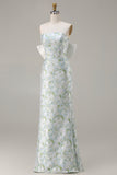 Blue White Flower Strapless Sheath Satin Long Bridesmaid Dress with Back Bow