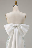 Blue White Flower Strapless Sheath Satin Long Bridesmaid Dress with Back Bow