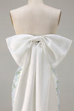 Blue White Flower Strapless Sheath Satin Long Bridesmaid Dress with Back Bow