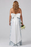 Blue White Flower Sheath Strapless Satin Long Plus Size Bridesmaid Dress with Back Bow