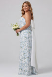 Blue White Flower Sheath Strapless Satin Long Plus Size Bridesmaid Dress with Back Bow