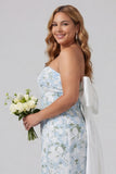 Blue White Flower Sheath Strapless Satin Long Plus Size Bridesmaid Dress with Back Bow
