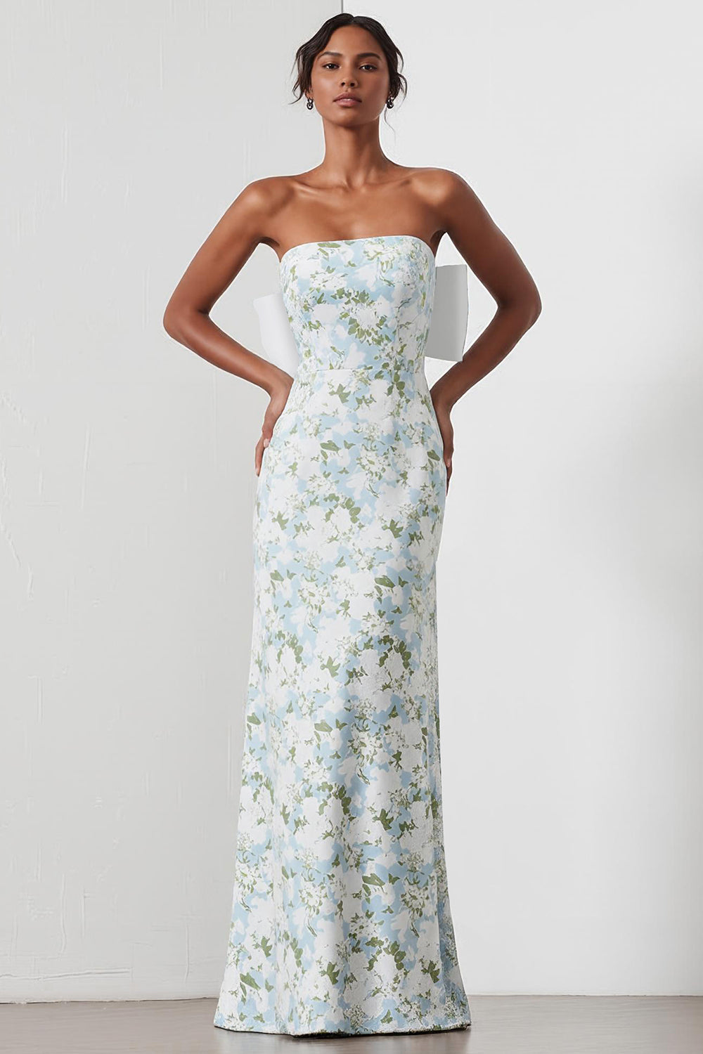 WEDTREND Women Long Bridesmaid Dress with Bow Sheath Strapless Blue White Flower Satin Wedding Guest Dress WEDTREND Women Long Bridesmaid Dress with Bow Sheath Strapless Blue White Flower Satin Wedding Guest Dress