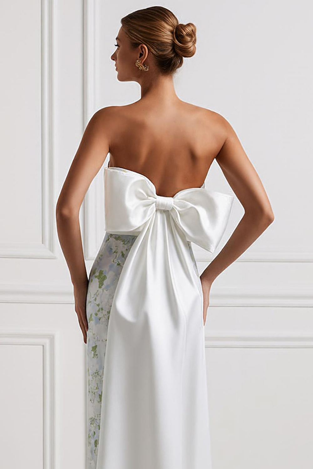 WEDTREND Women Long Bridesmaid Dress with Bow Sheath Strapless Blue White Flower Satin Wedding Guest Dress WEDTREND Women Long Bridesmaid Dress with Bow Sheath Strapless Blue White Flower Satin Wedding Guest Dress