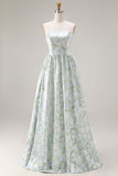 Blue Strapless Print A-Line White Floral Long Satin Dress with Pockets