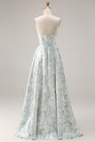 Blue Strapless Print A-Line White Floral Long Satin Dress with Pockets