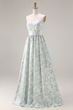 Blue White Floral Strapless Print A-Line Long Satin Dress with Pockets