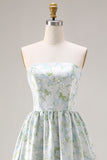 Blue White Floral Strapless Print A-Line Long Satin Dress with Pockets