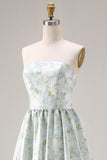 Blue White Floral Strapless Print A-Line Long Satin Dress with Pockets