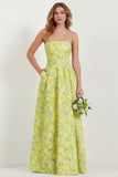 Blue Strapless Print A-Line White Floral Long Satin Dress with Pockets