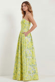 Blue Strapless Print A-Line White Floral Long Satin Dress with Pockets