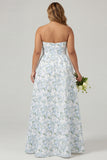 Strapless Blue White Floral Print A-Line Long Satin Plus Size Bridesmaid Dress with Pockets