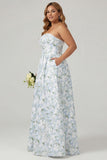 Strapless Blue White Floral Print A-Line Long Satin Plus Size Bridesmaid Dress with Pockets