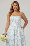 Strapless Blue White Floral Print A-Line Long Satin Plus Size Bridesmaid Dress with Pockets