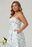 Strapless Blue White Floral Print A-Line Long Satin Plus Size Bridesmaid Dress with Pockets